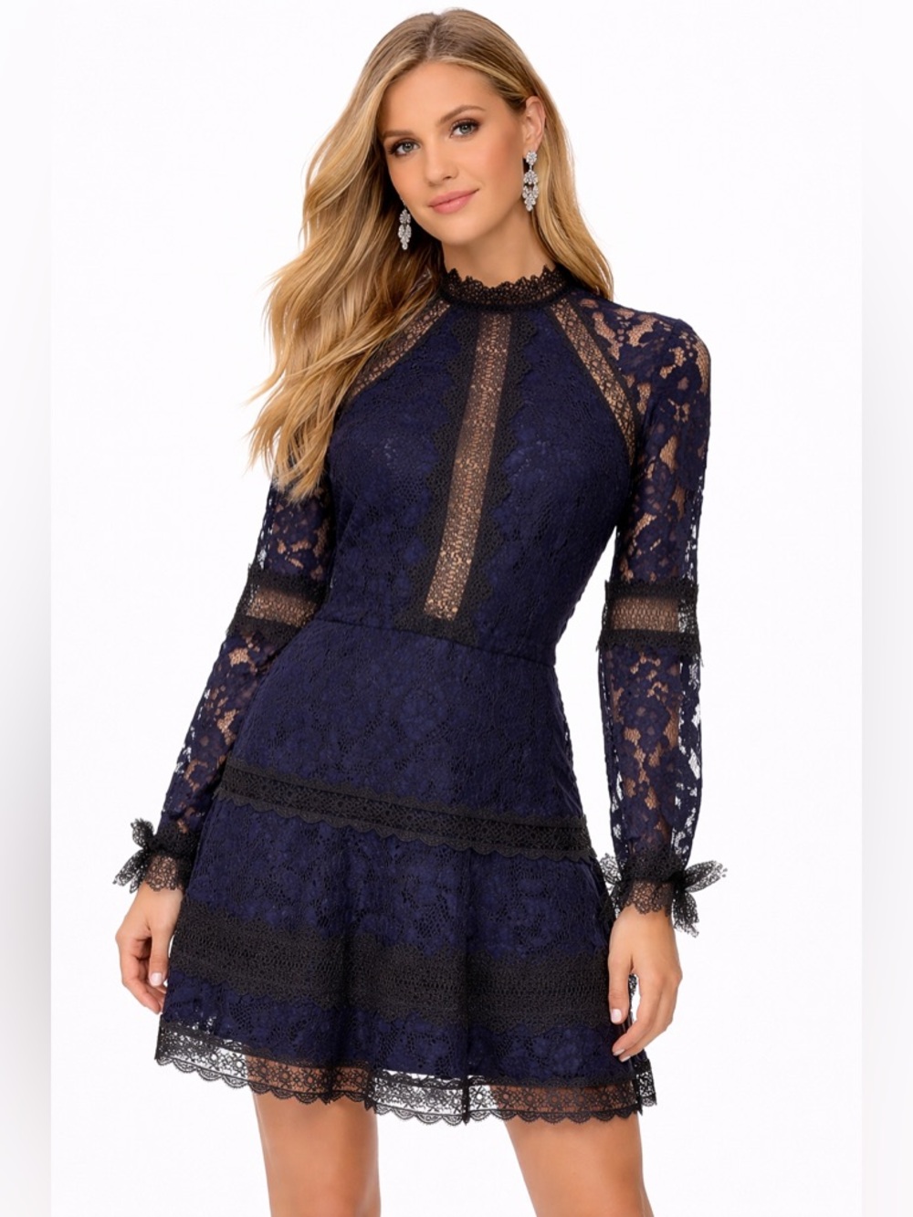 ALEXIS Navy Blue & Black Lace Long Sleeve Dress ~ XS